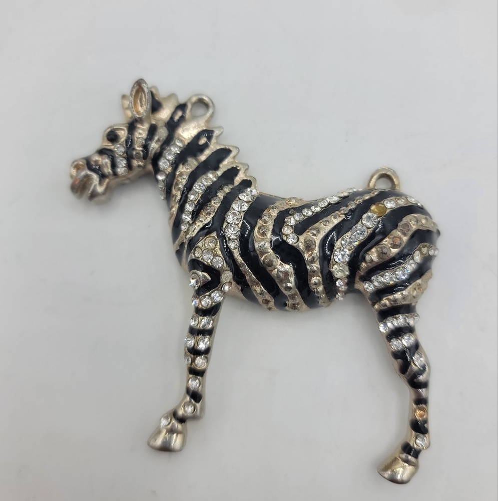 Rhinestone Zebra Pendant Black Enamel Sparkly Striped Horse Jewelry Vintage